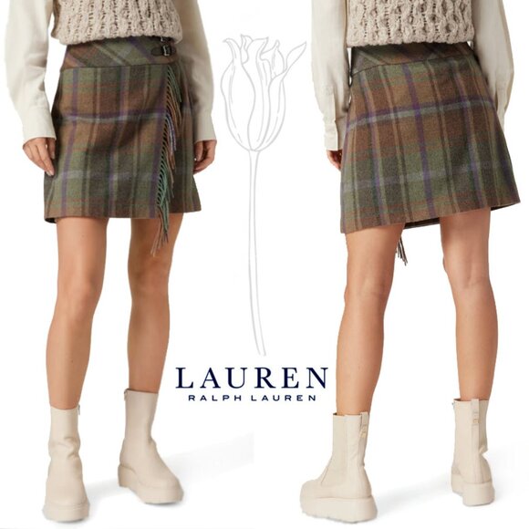 Lauren Ralph Lauren Plaid Fringe Trim Tweed Mini Skirt - Picture 1 of 13
